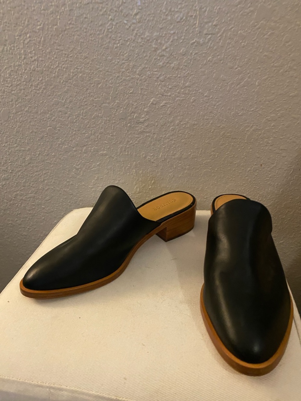 Soludos Black Leather Slip-On Mule with Tan Wood Block Heel